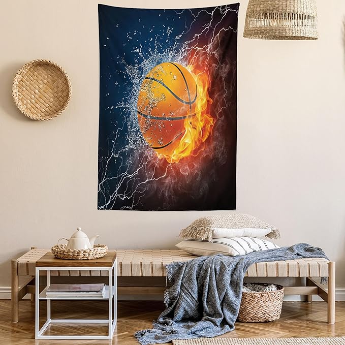 Ambesonne Sports Tapestry, Basketball Ball and Water Splashing Thunder Lightning Themed Design, Wall Hanging for Bedroom Living Room Dorm Decor, 60" X 80", Dark Blue and Burgundy