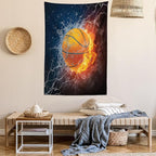 Ambesonne Sports Tapestry, Basketball Ball and Water Splashing Thunder Lightning Themed Design, Wall Hanging for Bedroom Living Room Dorm Decor, 40" X 60", Dark Blue and Burgundy