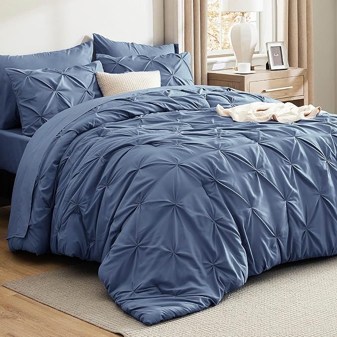 Bedsure Queen Comforter Set Slate Blue - Bed in a Bag Queen Size Bedding 7 Pieces, GentleSoft™ Pintuck Bed Set Gift for Family, Pinch Pleat All Season Comforter with Sheets, Pillowcases & Shams