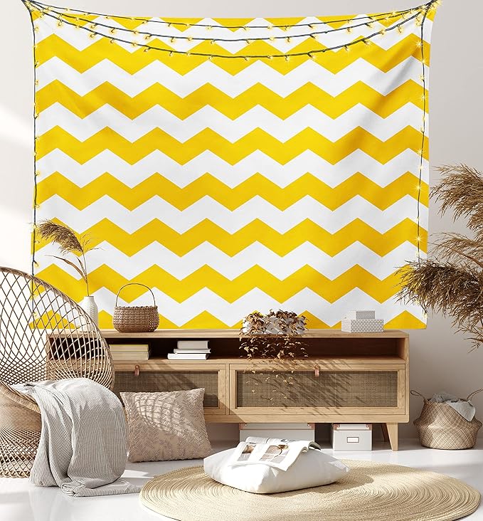 Lunarable Mustard Tapestry Twin Size, Zigzag Pattern Chevron Criss-Crossed Triangle Arrow Style Lines Geometric, Wall Hanging Bedspread Bed Cover Wall Decor, Twin Size, Yellow White