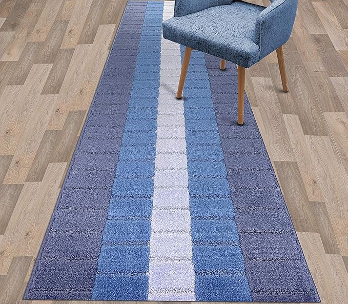 Custom Size Coastal Nautical Style Runner Rug Carpet for Hallway Entryway, Slip Resistant Latex Rubber Backed, 31 inch Wide X Customized Length, Squares Blue, 31 inch X 17 feet