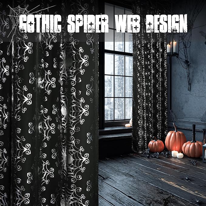 NICETOWN Black Voile Sheer with Glitter Silver Web, Grommet Halloween Spider Pattern for Window Decor, Party & Seasonal Home, W54 x L96, 2 Panels