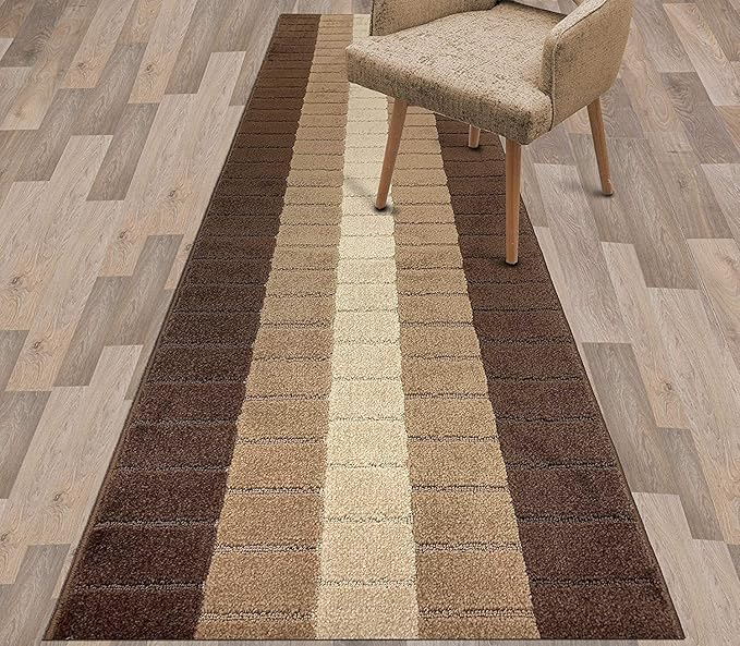 Custom Size Modern Geometric Pattern Carpet Runner Rug for Hallways, Slip Resistant Latex Rubber Backed, 31 inch Wide X Customized Length, Squares Brown, 31 inch X 19 feet