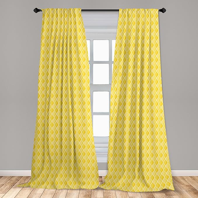 Ambesonne Yellow Window Curtains, Moroccan Trellis Pattern in Yellow Tones Vintage Eastern Pattern, Lightweight Decor 2-Panel Set with Rod Pocket, Pair of - 28" x 63", Mustard Yellow