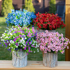 Artificial Flowers for Outdoors Fake Plants - 16 Bundles Faux Outside Greenery Boxwood No Fade Plastic Shrubs Fall Decor Farmhouse Home Garden Thanksgiving Mums (Pink)