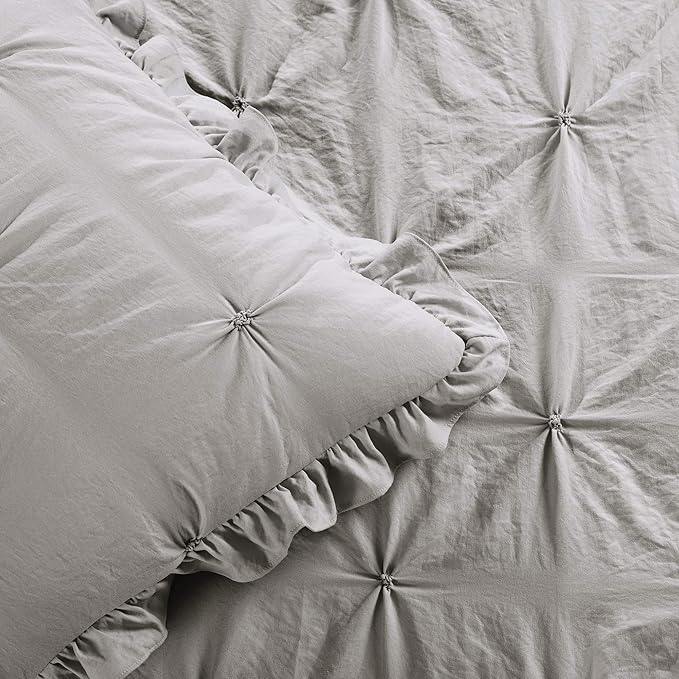 Lush Decor Ravello Pintuck Ruffle Skirt Bedspread Set - Luxe 3 Piece Ruffled Bedding Set - Traditional Glam & Farmhouse Inspired Bedroom Decor - King, Light Gray