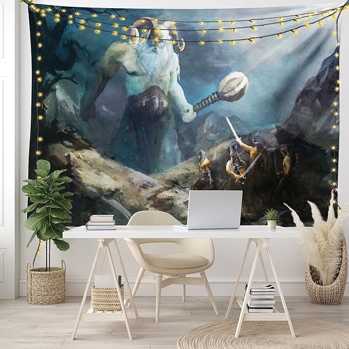 Lunarable Viking Tapestry, Heroes of Valhalla with Mythological Frost Giant Norse Culture Watercolor Design, Wide Wall Hanging for Bedroom Living Room Dorm, 80" X 60", Grey Blue