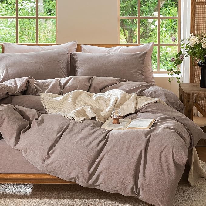 MooMee Bedding Duvet Cover Set 100% Washed Cotton Linen Like Textured Breathable Durable Soft Comfy (Heathered Mauve Brown, Palatial King/Oversized King 120"x98")
