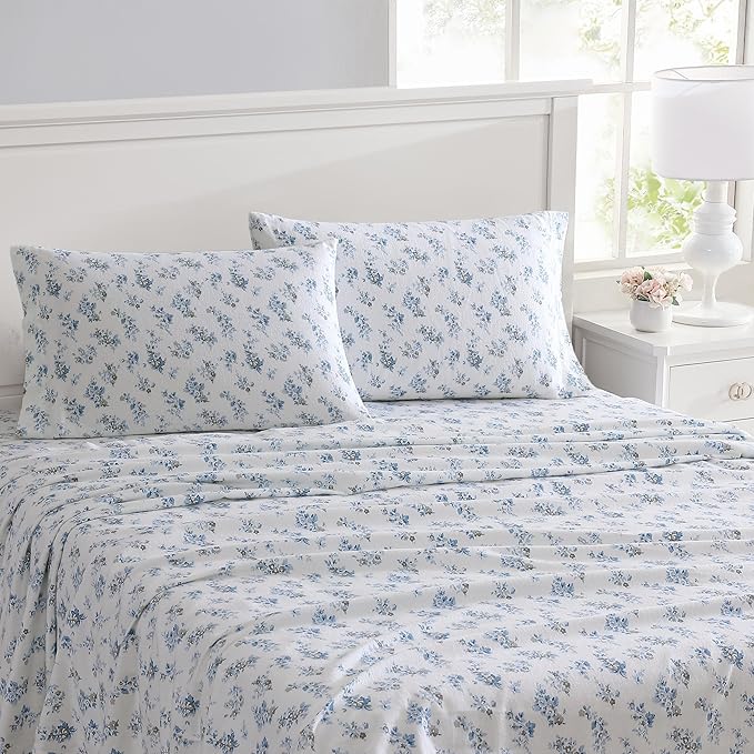 Laura Ashley - Flannel Sheets Full Size, Anti-Pilling & Wrinkle Resistant Cotton, Touchably Soft for All-Season Comfort - Bed Sheets with Matching Pillowcases & Fitted Sheet (Audrey Blue)