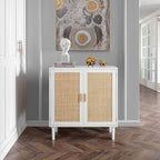 Finnhomy Sideboard Buffet Cabinet, Kitchen Storage Console with Rattan Decorated Doors, Liquor Buffet, Dining Room, Hallway, Cupboard Console Table, Accent Cabinet, 31.5X 15.8X 34.6 Inches, White