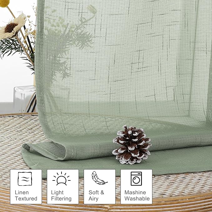 Aiyufeng Kirei Long Sage Green Sheer Curtains 96 Inch - Linen Look Privacy Sheer Curtains Window Treatment Drapes Farmhouse Decor for Bedroom Living Room Sliding Glass Door, 40Wx96L, 2 Panels