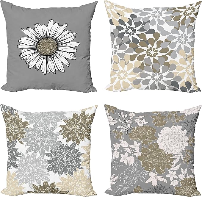 Ambesonne Floral Throw Pillow Cushion Case Pack of 4, Flower Petals Modern Color Palette Chamomile Peony Dahlia and Sunflower Print, Modern Accent Double-Sided Digital Printing, 16", Slate Brown Grey