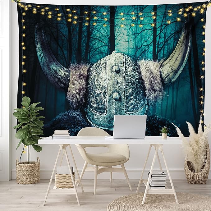 Lunarable Viking Tapestry, Barbarian Warrior Head with Horns in Mystical Scandinavian Forest, Wide Wall Hanging for Bedroom Living Room Dorm, 80" X 60", Petrol Blue Sand Brown