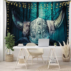 Lunarable Viking Tapestry, Barbarian Warrior Head with Horns in Mystical Scandinavian Forest, Wide Wall Hanging for Bedroom Living Room Dorm, 80" X 60", Petrol Blue Sand Brown