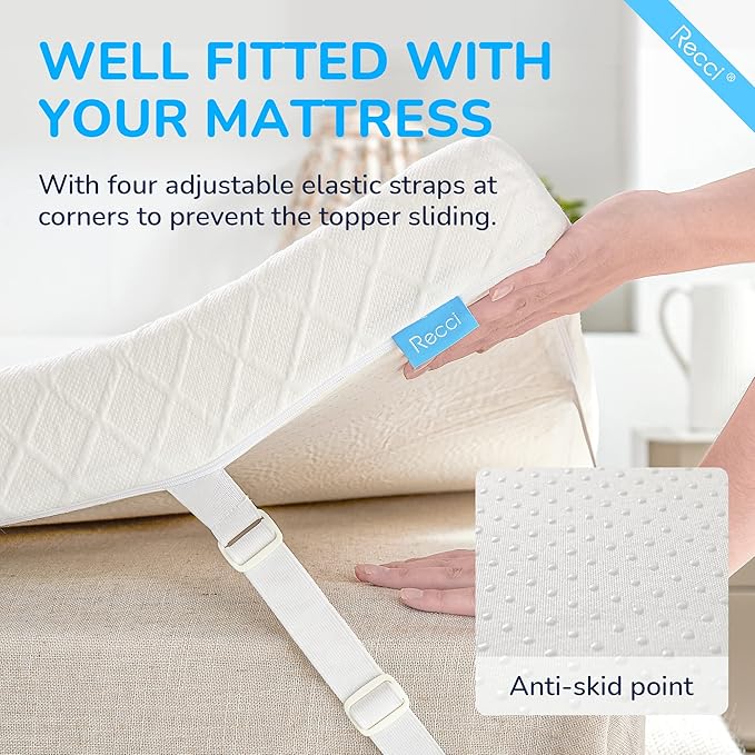 RECCI Memory Foam Mattress Topper, Pressure-Relieving Mattress Topper for Back Pain, Non-Slip Design with Removable & Washable Cover, CertiPUR-US Certified, 2 Inch Full