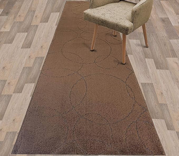 Custom Size Modern Geometric Pattern Carpet Runner Rug for Hallways, Slip Resistant Latex Rubber Backed, 31 inch Wide X Customized Length, Circles Brown, 31 inch X 18 feet