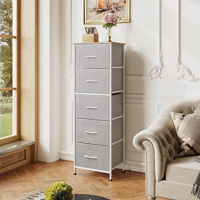 WLIVE Fabric Dresser, 5-Drawer Tall Dresser for Bedroom, Storage Dresser Organizer with Fabric Bins, Wood Top, Sturdy Steel Frame, Chest of Drawers for Closet, Hallway, Light Grey