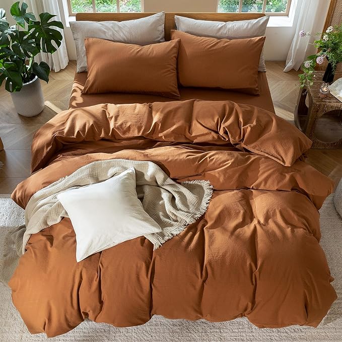 MooMee Bedding Duvet Cover Set 100% Washed Cotton Linen Like Textured Breathable Durable Soft Comfy (Solid Dark Orange, Super Queen 90"x98")