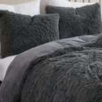 King Luxury Faux Fur Comforter Set - Soft & Breathable 7-Piece Bedding Collection - 1 Comforter, 1 Fitted Sheet, 1 Flat, 2 Pillowcases, 2 Pillow Shams - Deep Pocket - Premium Quality, Dark Gray