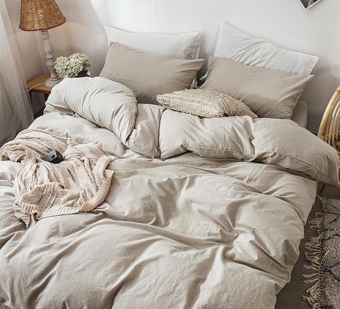 MooMee Bedding Duvet Cover Set 100% Washed Cotton Linen Like Textured Breathable Durable Soft Comfy (Heathered Tannish Linen Grey, Twin 68"x90")