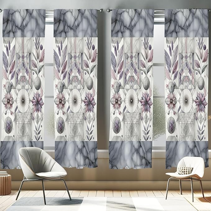 Ambesonne Geometric Floral Window Curtains Pack of 2, Classic Marble Print Ornate Leafy Flowers and Futurist Stripes, Lightweight Set with Rod Pocket, 4 Panels of - 28" x 63", Ceil Blue Laurel Green