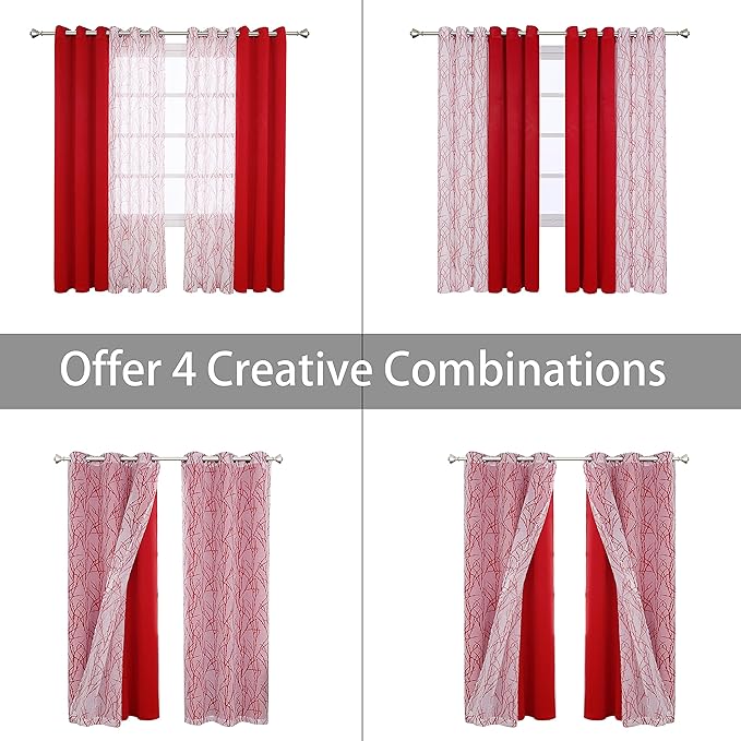 BONZER Mix and Match Curtains - 2 Pieces Branch Print Sheer Curtains and 2 Pieces Blackout Curtains for Bedroom Living Room Grommet Window Drapes, 37x63 Inch/Panel, Red, Set of 4 Panels