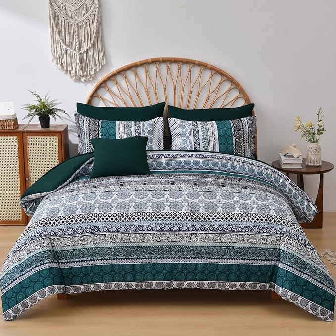 Cottolester Boho Comforter Set King Size,8 Pieces Emerald Green Bohemian Striped Bed in a Bag,Paisley Soft Microfiber Bedding Comforter Set