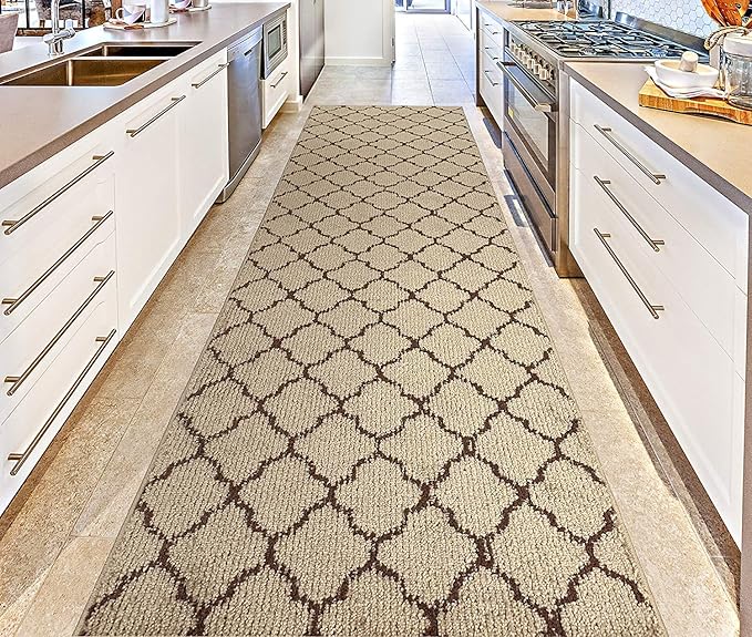 Custom Size Modern Runner Rug Carpet for Hallway Entryway Foyer Kitchen, Slip Resistant Latex Rubber Backed 31 inch Wide X Customized Length, Trellis Beige, 31 inch X 5 feet