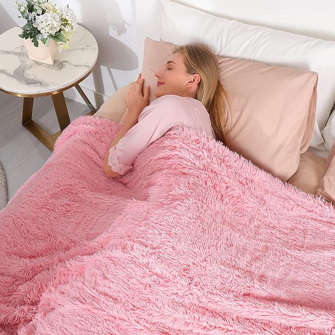 Tuddrom Decorative Extra Soft Faux Fur Blanket Queen Size 80" x 90",Solid Reversible Fuzzy Fluffy Cozy Plush Fleece Comfy Microfiber Fur Blanket for Couch Sofa Bed,Pink