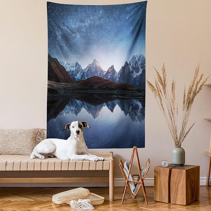 Lunarable Star Tapestry Queen Size, Night Sky with Milky Way Over a Mountain Landscape Lake Cosmos Galaxy Scenery Universe, Wall Hanging Bedspread Bed Cover Wall Decor, Queen Size, Brown Blue