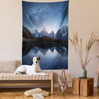 Lunarable Star Tapestry Queen Size, Night Sky with Milky Way Over a Mountain Landscape Lake Cosmos Galaxy Scenery Universe, Wall Hanging Bedspread Bed Cover Wall Decor, Queen Size, Brown Blue