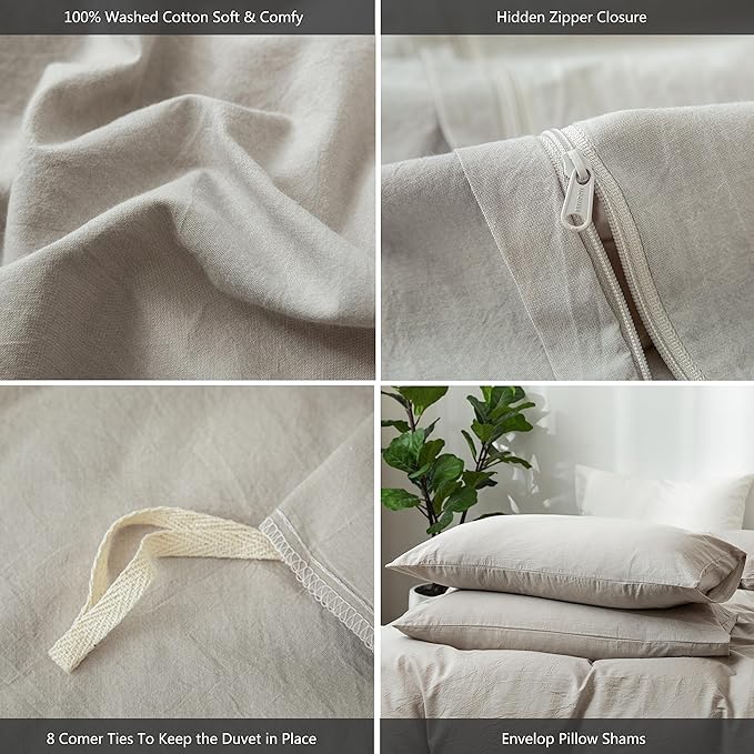MooMee Bedding Duvet Cover Set 100% Washed Cotton Linen Like Textured Breathable Durable Soft Comfy (Heathered Cream Grey, Cal King 104"x98")