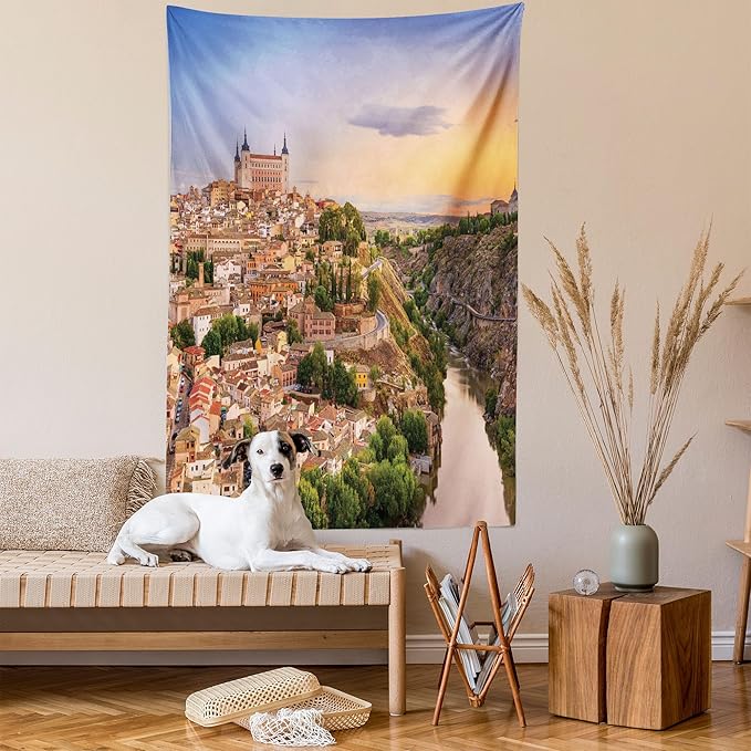 Ambesonne Scenery Tapestry, Toledo Spain Old City Over The Tagus River Downtown Castle Architecture, Wall Hanging for Bedroom Living Room Dorm Decor, 40" X 60", Apricot Cream Green