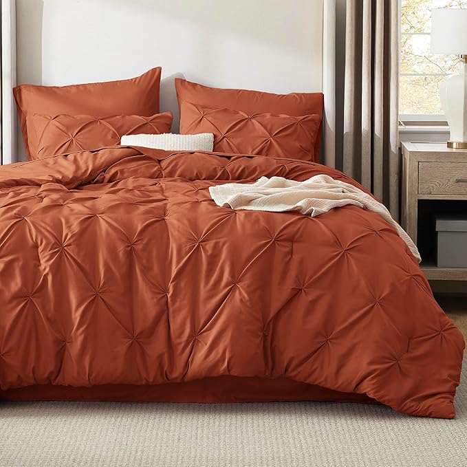 Bedsure California King Comforter Set Burnt Orange - Bed in a Bag Cal King Bedding Set 7 Pieces, GentleSoft™ Pintuck Bed Set Gift for Family, Pinch Pleat Comforter with Sheets, Pillowcases & Shams