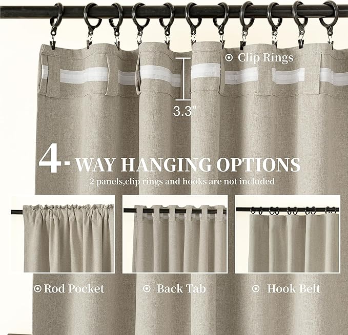 KangBang Full Blackout Linen Curtains 102 inches Long 2 PCs, Farmhouse Back Tab Pleated UV Protection Drapes, Floor to Ceiling Curtains for Bedroom Dining Room, Linen Color, 52Wx102L