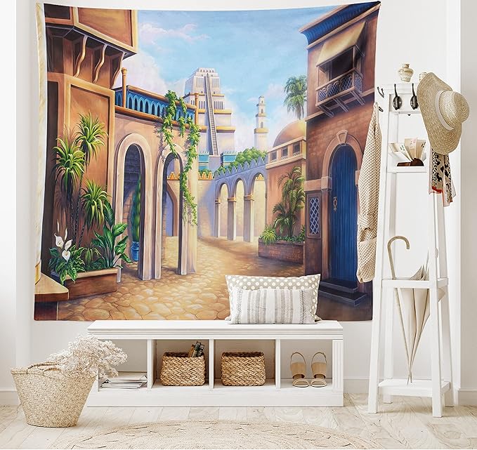Lunarable City Tapestry King Size, Babylon City Gardens Architecture 7 Wonders of the World, Wall Hanging Bedspread Bed Cover Wall Decor, 104" X 88", Caramel Green