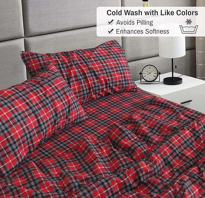 RUVANTI Flannel Sheets Queen Size - 100% Cotton Double Brushed Bed Sheets, Deep Pockets 16 Inches Queen Sheet Set, All Seasons Breathable & Extra Soft - Warm & Cozy, 4 Piece, Red Plaid