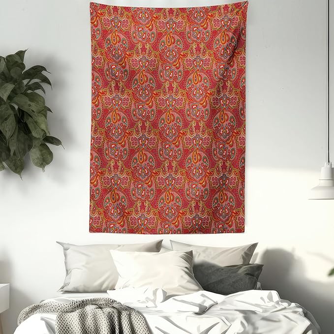 Lunarable Paisley Tapestry Twin Size, Vibrant Colored Pattern with Various Oriental Design Elements Boho Influence, Wall Hanging Bedspread Bed Cover Wall Decor, Twin Size, Ruby, 68" Width x 88" Length