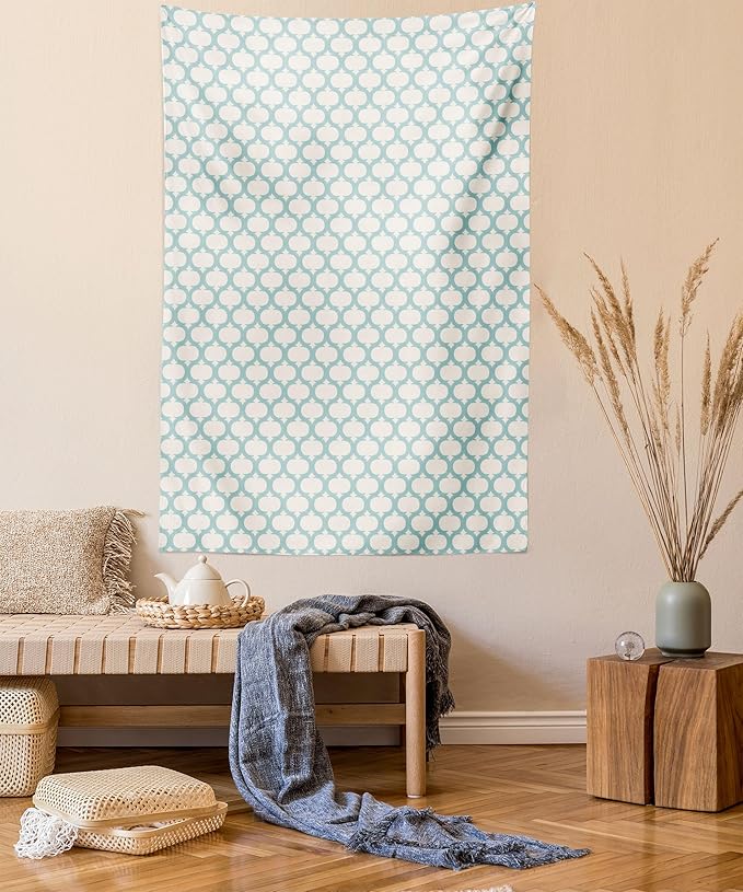 Ambesonne Ikat Tapestry, Mesh Patterns and Lines on Vintage Backdrop Retro Ikat Style Boho Print, Wall Hanging for Bedroom Living Room Dorm Decor, 40" X 60", Turquoise Cream