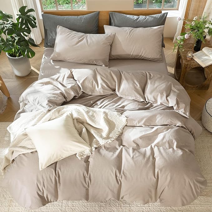 MooMee Bedding Duvet Cover Set 100% Washed Cotton Linen Like Textured Breathable Durable Soft Comfy (Heathered Taupe, Palatial King/Oversized King 120"x98")
