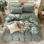 MooMee Bedding Duvet Cover Set 100% Washed Cotton Linen Like Textured Breathable Durable Soft Comfy (Heathered Green, Super Queen 90"x98")