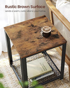 VASAGLE Side Table, 2-Tier Nightstand, End Table with Mesh Shelf, Steel Frame, Adjustable Feet, for Living Room, Bedroom, Industrial Style, Rustic Brown and Black ULET41X, 17.7 x 17.7 x 21.6 Inch