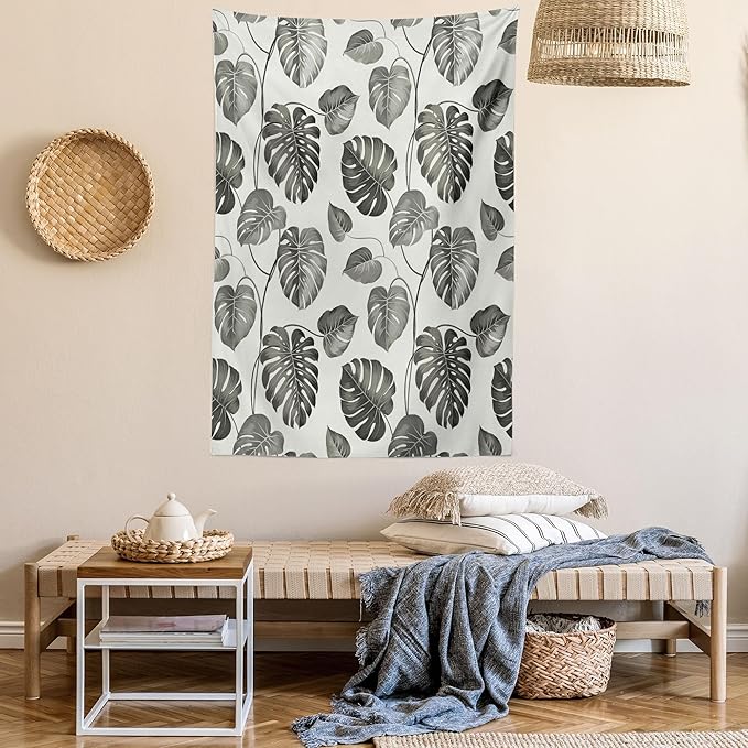 Ambesonne Grey Tapestry, Illustration of Tropical Monstera Leaves Classical with Soft Colors Nature, Wall Hanging for Bedroom Living Room Dorm, 60" X 80", Coconut Gray