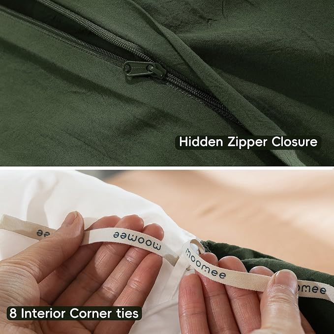 MooMee Bedding Duvet Cover Set 100% Washed Cotton Linen Like Textured Breathable Durable Soft Comfy (Solid Forest Green, Super King Plus 120"x120")