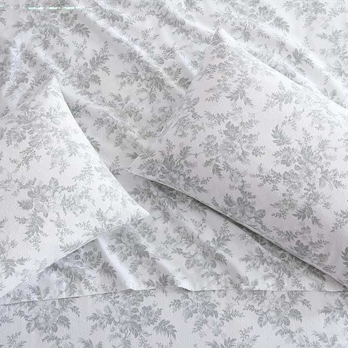 Laura Ashley - Flannel Sheets Twin Size, Anti-Pilling & Wrinkle Resistant Cotton, Touchably Soft for All-Season Comfort - Bed Sheets with Matching Pillowcase & Fitted Sheet (Vanessa Grey)