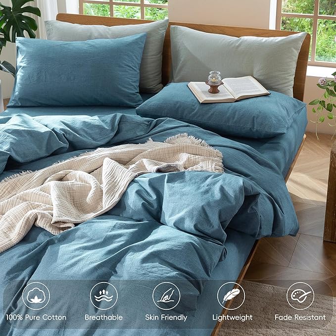 MooMee Bedding Duvet Cover Set 100% Washed Cotton Linen Like Textured Breathable Durable Soft Comfy (Heathered Peacock Blue, King 104"x90")