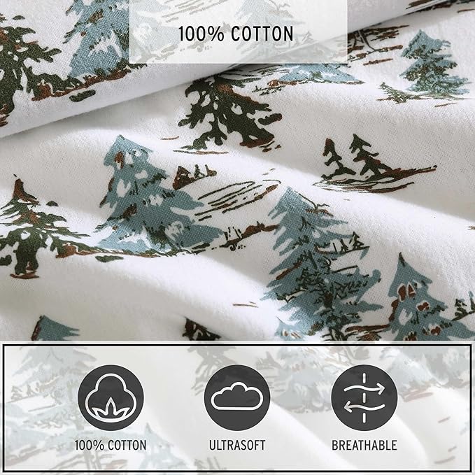Eddie Bauer - Flannel Sheets Twin Size, Anti-Pilling & Wrinkle Resistant Cotton, Touchably Soft for All-Season Comfort - Bed Sheets with Matching Pillowcase & Fitted Sheet (Snowy Pine Trees Green)