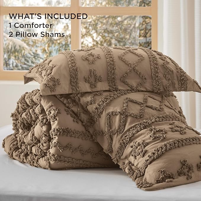 Bedsure Tufted Boho Comforter Set California King Size - Light Brown Boho Bed Set, GentleSoft™ 3 Pieces Farmhouse Shabby Chic Embroidery Bedding, Gifts for Woman, Jacquard Comforter for All Seasons