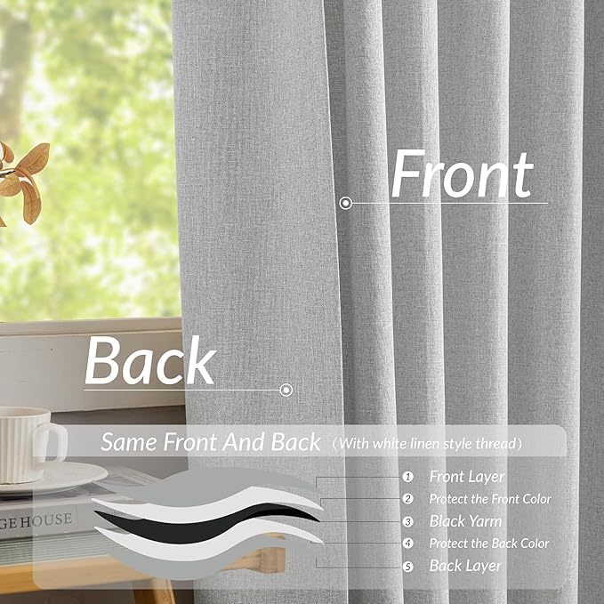 KangBang 100% Blackout Pinch Pleated Curtains 108 Inches Long, Linen Blend Pinch Pleat Window Drapes with Hooks, Track System Curtain Panels for Sliding Door Modern Farmhouse,60x108, Light Grey,2 PCs