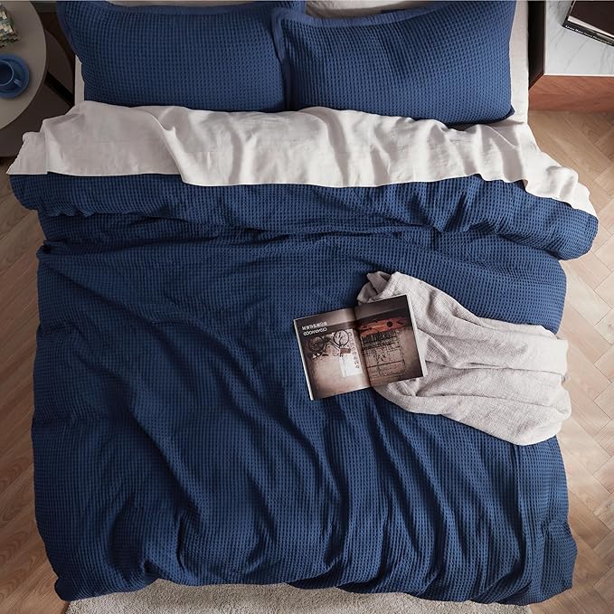 Bedsure Cotton Duvet Cover Set - 100% Cotton Waffle Weave Navy Duvet Cover California King, GentleSoft™ and Breathable Cal King Bedding Set for All Season, 3 Pieces, 104"x98"